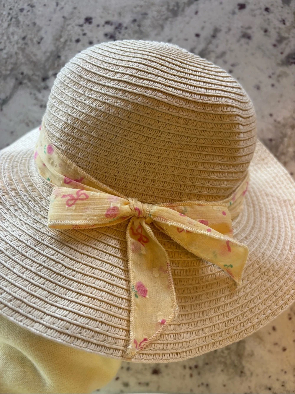 Straw Wide-Brim Sun Hat with Yellow Ribbon